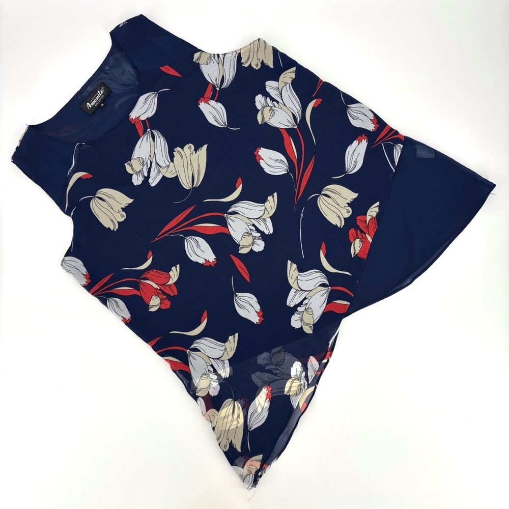 Amanda Collection Navy Floral Semi Transparent Layered Sleeveless Top, XL
